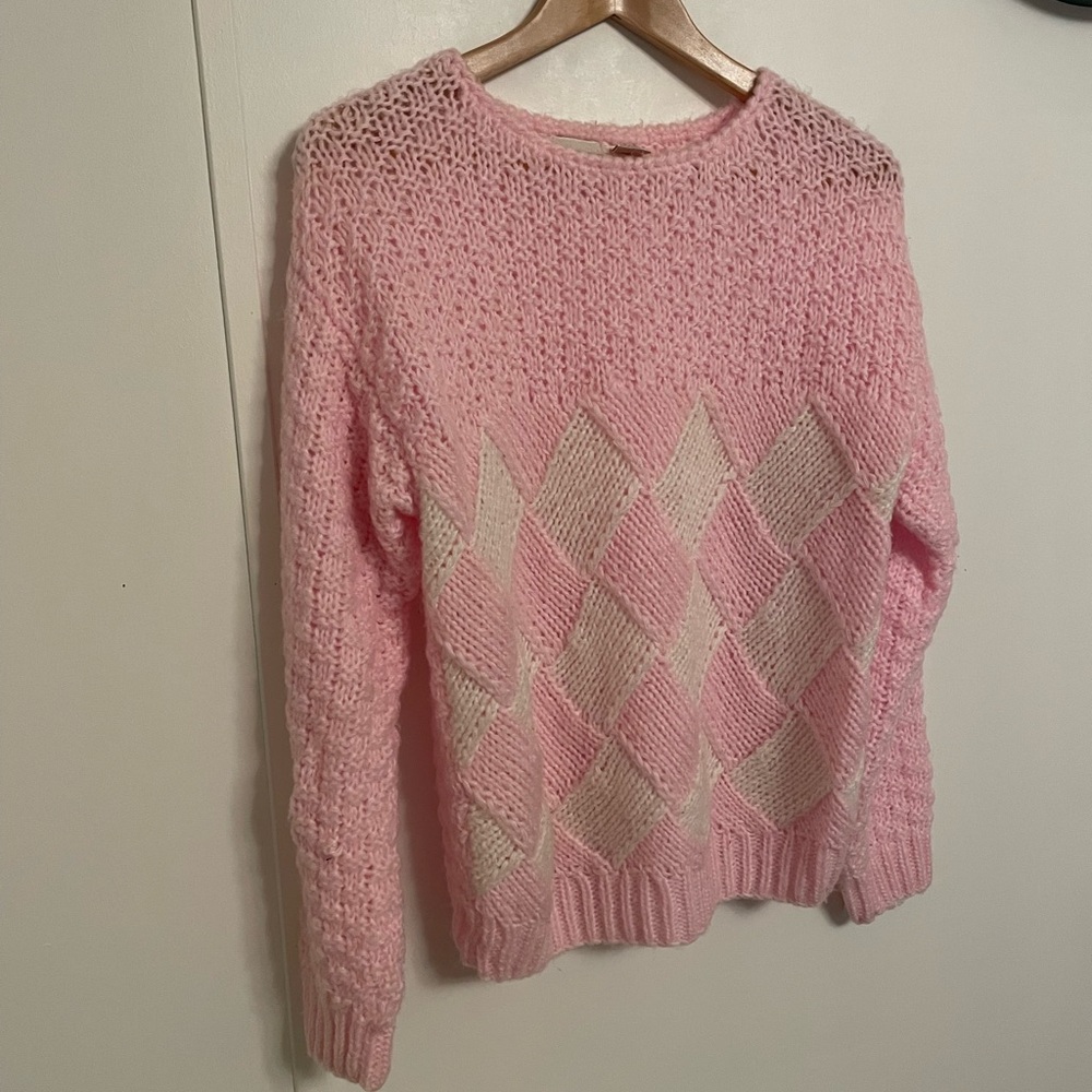 Forindi Vintage 80’s Soft Pink and Cream Diamond Sweater Size M Lightweight - Picture 3 of 7